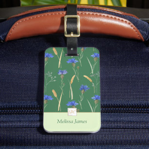 Étiquette À Bagage Monogramme vert Fleur sauvage floral