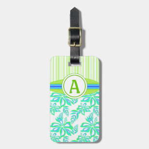 Étiquette À Bagage Monogramme vert Hibiscus Fleurs Plage tropicale