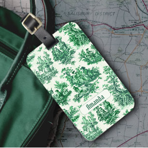 Étiquette À Bagage monogramme vintage fleuri vert toile jouy