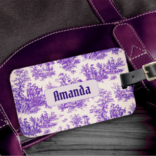 Étiquette À Bagage monogramme vintage fleuri violet toile de jouy