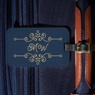 Étiquette À Bagage Monogramme vintage or et bleu marine Élégant