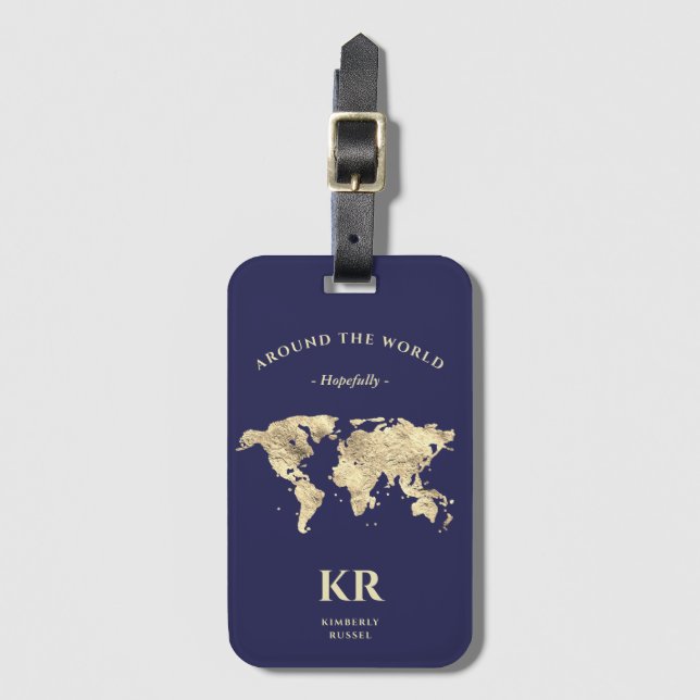 Étiquette À Bagage Monogramme Voyageur Gold World Map (Devant Vertical)
