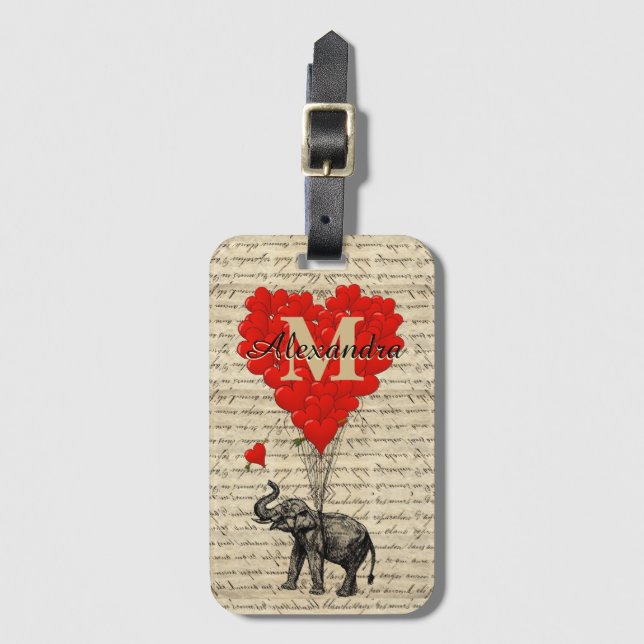 Étiquette À Bagage Monogrammed romantic elephant and heart (Devant Vertical)