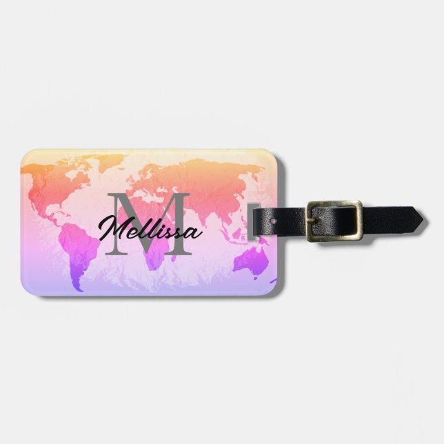 Étiquette À Bagage Monogrammes Carte du monde Voyageur Blush Pink Omb (Devant horizontal)
