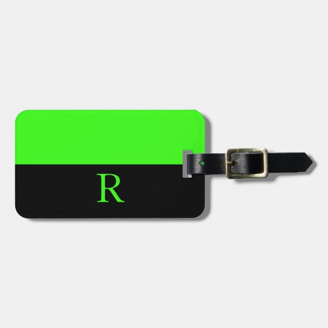 Étiquette À Bagage Monogrammes noirs de couleur noire vert néon (Devant horizontal)