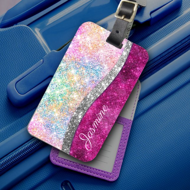 Étiquette À Bagage Monographie de parties scintillant en argent rose  (Créateur téléchargé)