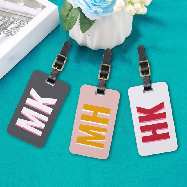 Étiquette À Bagage Monographie moderne rouge et rose de l'ombre (Modern Red and Pink Shadow Monogram Travel Party Luggage Tag)