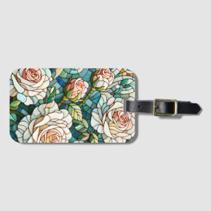 Étiquette À Bagage Mosaïque de roses blanches en verre teinté