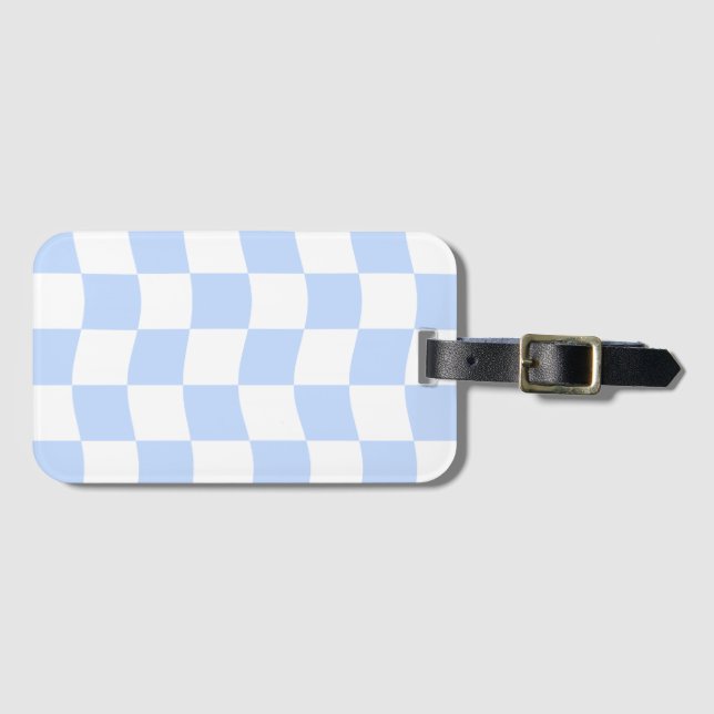 Étiquette À Bagage Motif à carreaux rétro bleu pastel et blanc (Devant Horizontal)