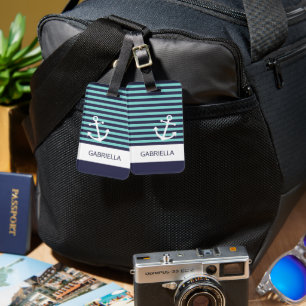 Étiquette À Bagage Motif à rayures turquoise d'Aqua nautique personna