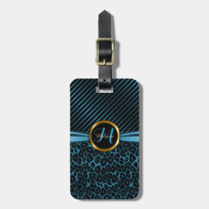 Étiquette À Bagage Motif animal de léopard bleu - monogramme