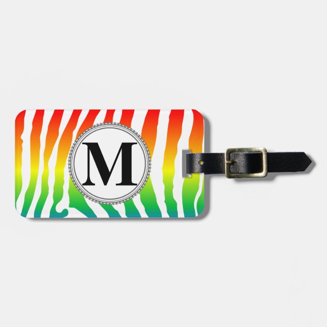 Étiquette À Bagage Motif arc-en-ciel Zèbre avec Monogramme (Devant horizontal)