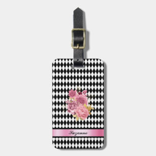 Étiquette À Bagage Motif arlequin noir blanc avec Roses et nom