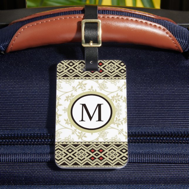 Étiquette À Bagage Motif Aztèque Beige Blanc Or Noir Floral (Insitu Rectoal 2)