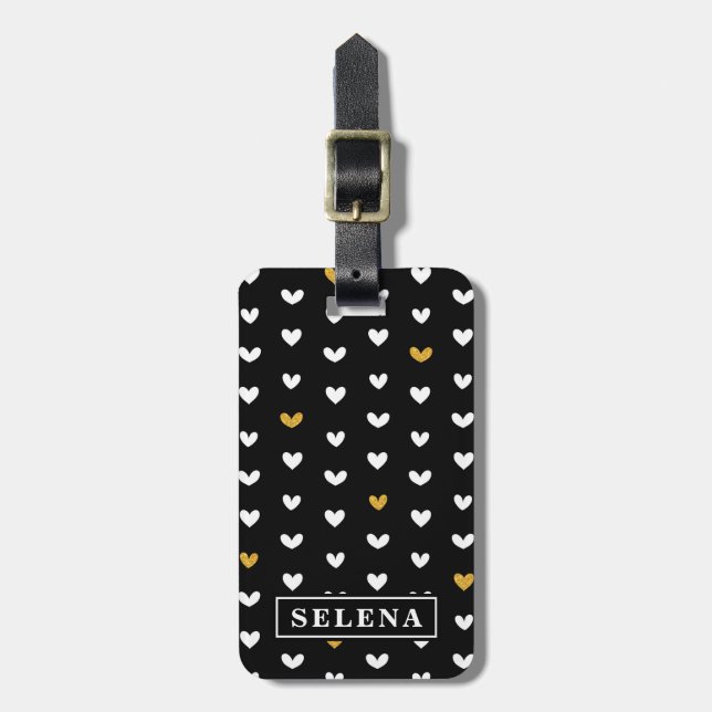 Étiquette À Bagage Motif Black White Gold Heart avec nom personnalisé (Devant Vertical)