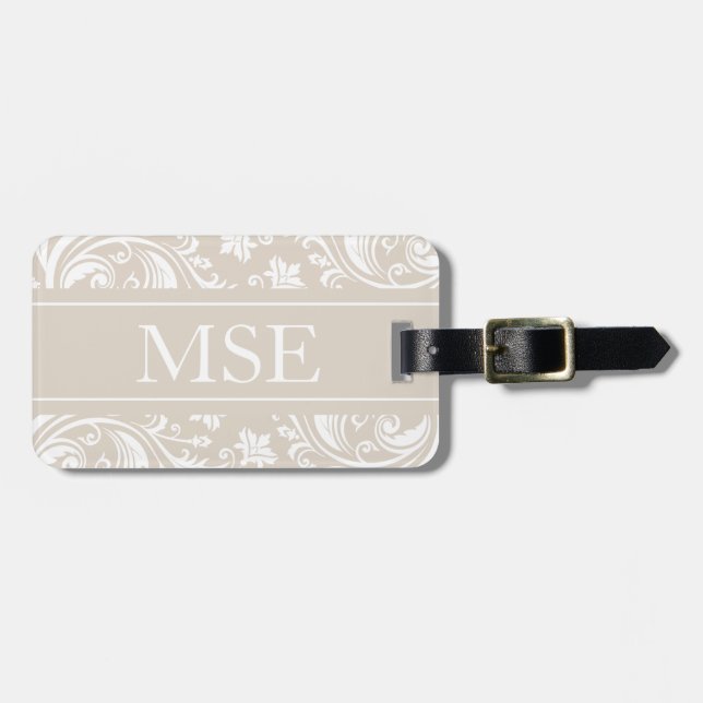 Étiquette À Bagage Motif blanc beige personnalisé de damassé de (Devant horizontal)