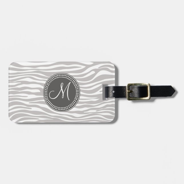 Étiquette À Bagage Motif blanc et gris de monogramme de zèbre (Devant horizontal)