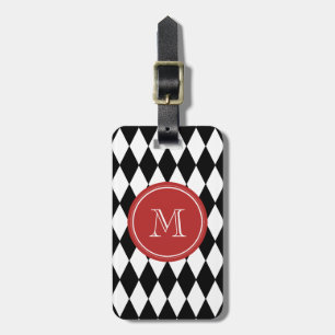 Étiquette À Bagage Motif blanc noir de harlequin, monogramme rouge
