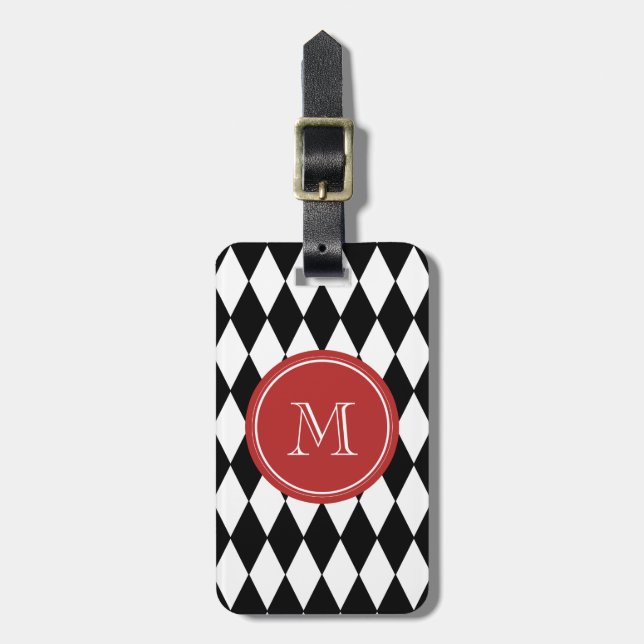 Étiquette À Bagage Motif blanc noir de harlequin, monogramme rouge (Devant Vertical)
