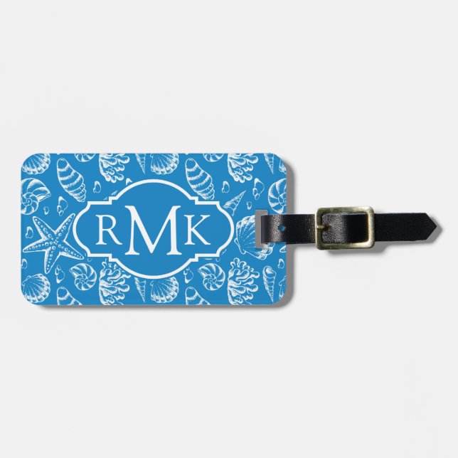 Étiquette À Bagage Motif bleu de plage de monogramme (Devant horizontal)
