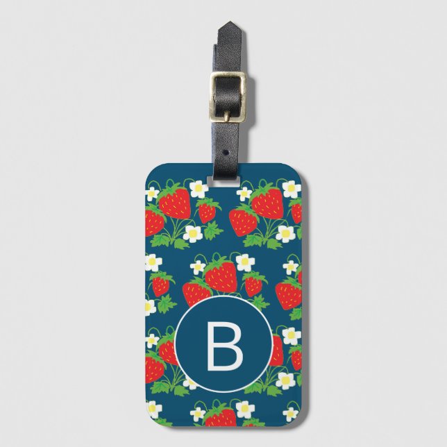 Étiquette À Bagage Motif bleu fraise et fleur Monogramme (Devant Vertical)