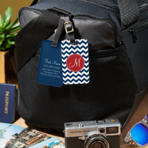 Étiquette À Bagage Motif Chevron avec Monogram - Marine Red