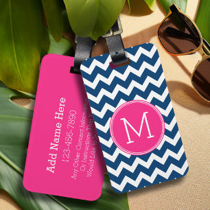 Étiquette À Bagage Motif Chevron avec Monogram - Navy Magenta