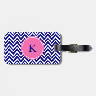 Étiquette À Bagage Motif Chevron bleu Monogram Navy avec rose chaud