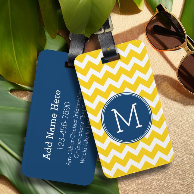 Étiquette À Bagage Motif Chevron jaune et bleu avec Monogramme (Personalized luggage tag - Add Your contact information and monogram)