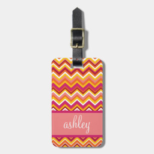 Étiquette À Bagage Motif Chevron orange et rose avec Monogramme