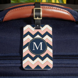 Étiquette À Bagage Motif Chevron personnalisé rose blanc bleu marine 