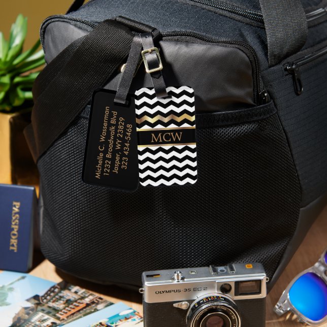 Étiquette À Bagage Motif Chevron unique | Monogramme (Recto & Verso)