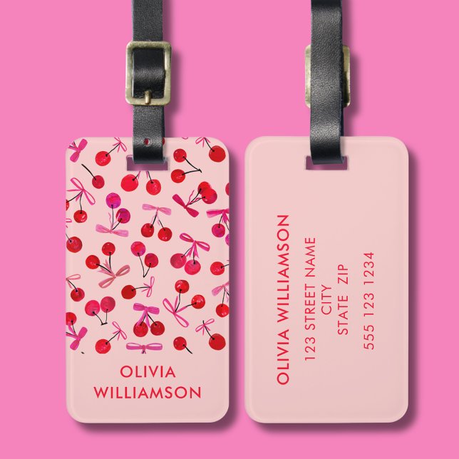 Étiquette À Bagage Motif Coquette Cherry & Pink Bow (Cherry & pink bow  pattern coquette aesthetic personalized luggage tag)