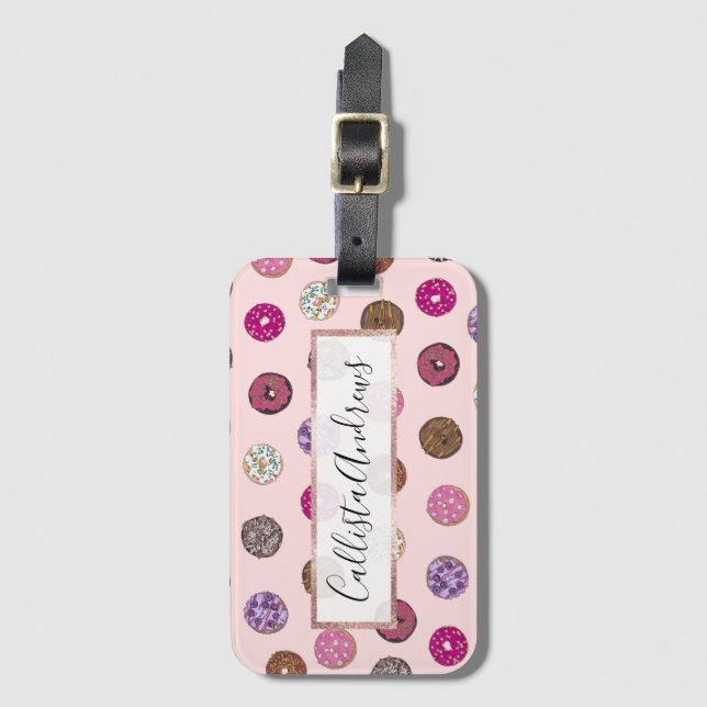 Étiquette À Bagage Motif d'aquarelle Artsy Rose Sprinkt Donuts (Devant Vertical)