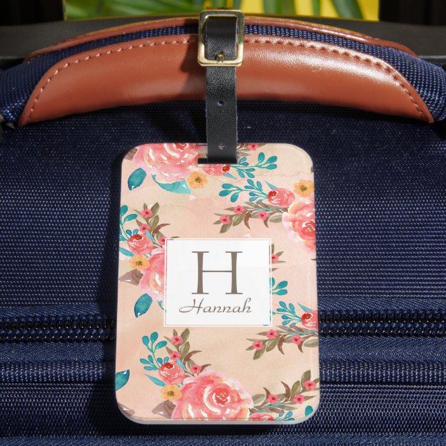 Étiquette À Bagage Motif d'aquarelle florale de monogramme (Insitu Rectoal 2)