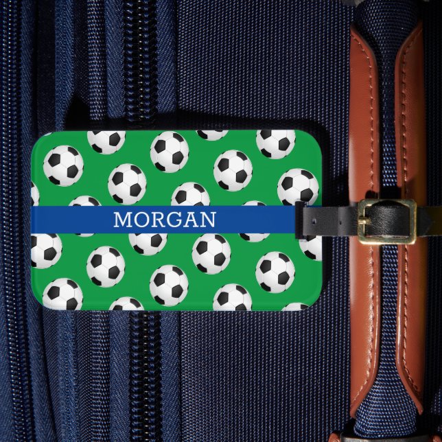 Étiquette À Bagage Motif de balle de football, Nom blanc, Bleu & Vert (Insitu Rectoal 4)