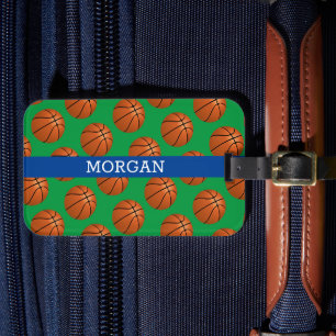 Étiquette À Bagage Motif de basket, Nom blanc, Bleu & Vert