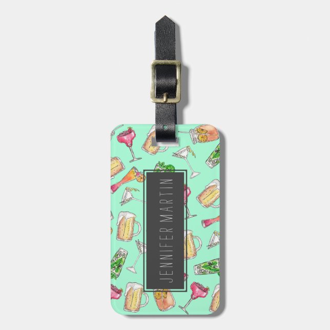 Étiquette À Bagage Motif de cocktails peint par aquarelle d'été (Devant Vertical)