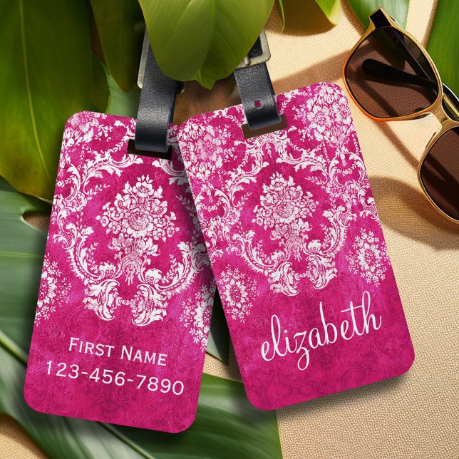 Étiquette À Bagage Motif de Damas de Grunge rose chaud Texte personna (Personalized Luggage Tag)