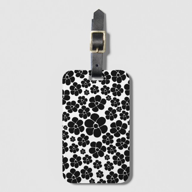 Étiquette À Bagage Motif de fleurs - noir et blanc (Devant Vertical)