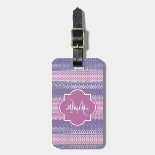 Étiquette À Bagage Motif de Knit violet élégant avec Monogramme et no (Devant Vertical)