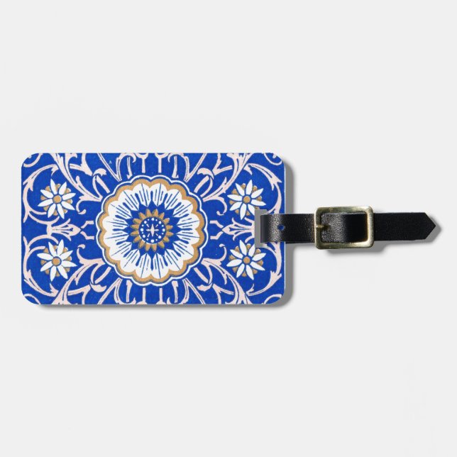 Étiquette À Bagage Motif de Mandala Floral Bleu (Devant horizontal)