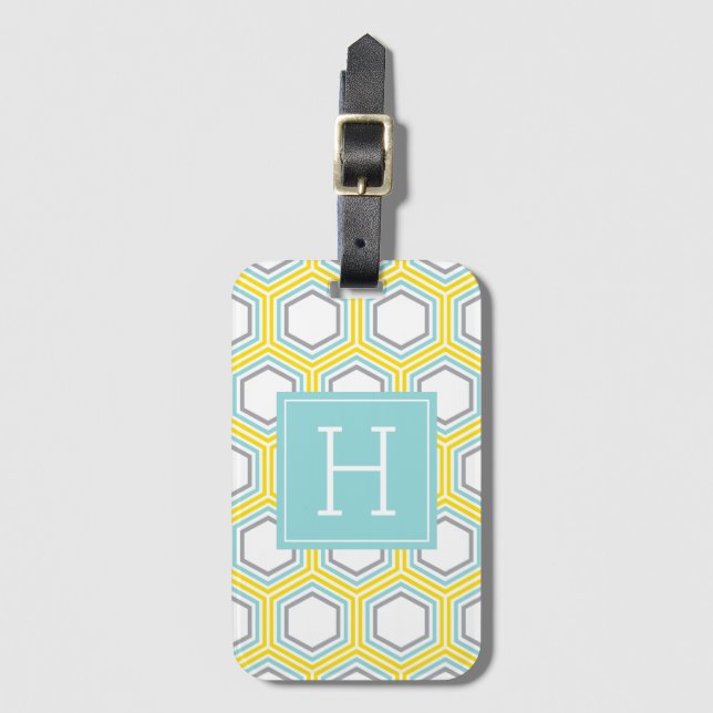 Étiquette À Bagage Motif de peigne de miel jaune et aquatique Monogra (Devant Vertical)