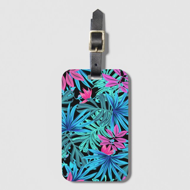 Étiquette À Bagage Motif de Plante Neon Pink et Blue Tropical (Devant Vertical)