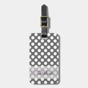 Étiquette À Bagage Motif de point de Polka blanc gris de monogramme