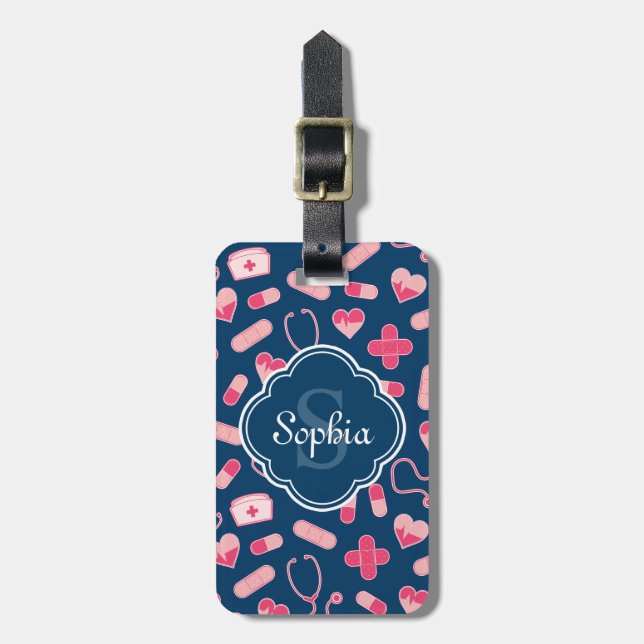 Étiquette À Bagage Motif de soins infirmiers rose et bleu avec Monogr (Devant Vertical)