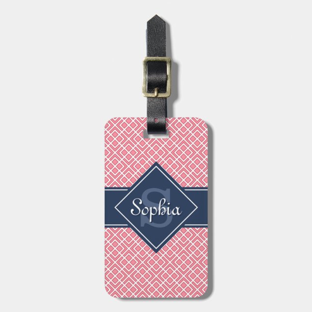 Étiquette À Bagage Motif diamant rose et bleu marine monogramme (Devant Vertical)