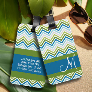 Étiquette À Bagage Motif Emerald & Blue Chevron avec Monogram