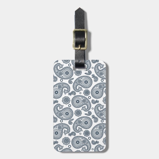 Étiquette À Bagage Motif en cachemire bleu foncé indien sur blanc (Devant Vertical)