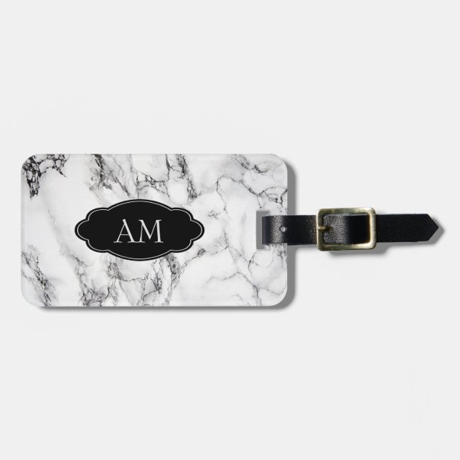Étiquette À Bagage Motif en pierre de marbre blanc noir monogramme (Devant horizontal)